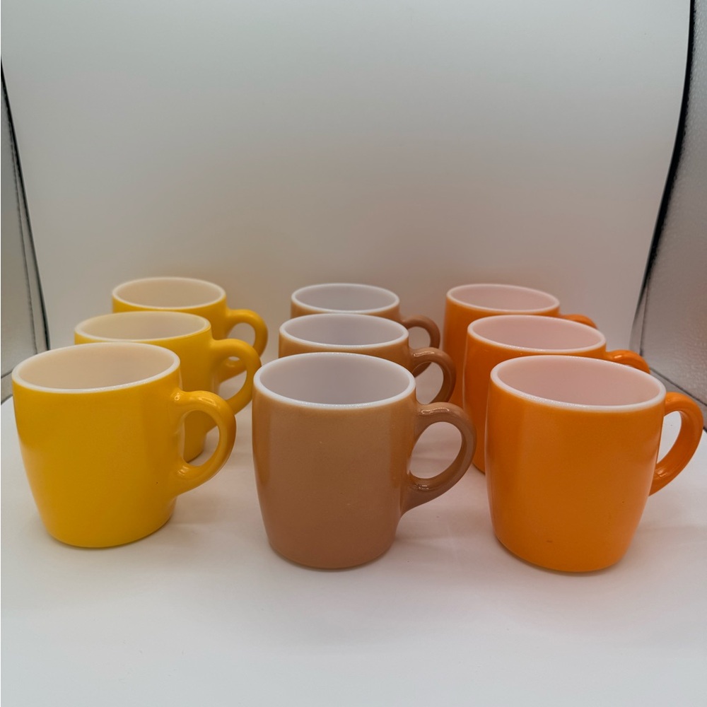 Assorted Yellow, Orange, and Brown Ceramic Vintage Milk Glass Mugs - Set of 9